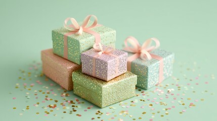Pastel gift boxes stacked neatly with swirling ribbons and sparkling confetti on a gentle sage green background, perfect for elegant event designs