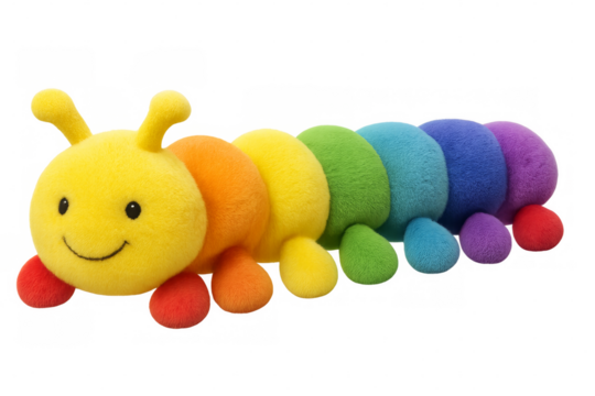 Colorful plush caterpillar toy smiling on transparent background