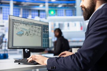 Solar panels plant technician at workstation desk overseeing real time energy consumption. Close up of photovoltaics facility expert ensuring optimal use of resources in solar panel manufacturing