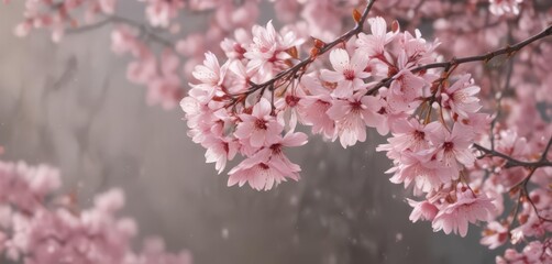 Obraz premium Delicate pink sakura petals softly descend against a blurred background , pastel, art, tranquility