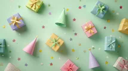 Colorful flat lay of party accessories including hats and mini boxes on pastel green canvas, with design-forward use of open space