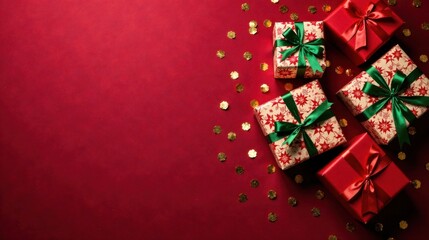 Festive Red Background with Wrapped Gifts and Gold Confetti A Holiday Celebration Image