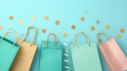 Pastel-toned birthday supplies like bags and gold dots placed cleanly on mint blue background, perfect for stylish invitation graphics