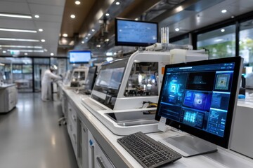 An innovative lab space filled with cutting-edge technology, showcasing digital displays and advanced equipment highlighting the intersection of science and technology in research.