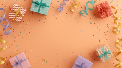 Overhead party scene with playful gift boxes, coiled streamers, and bubbly confetti scattered across a light orange pastel background