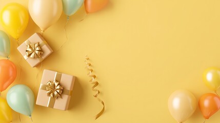 Elegant flat lay of party pieces such as curled ribbon and soft-tone gift boxes over yellow backdrop, with space ideal for celebratory text