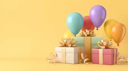 Yellow background filled with minimal yet festive items like balloons, ribbons, and presents arranged with clear central space for messages