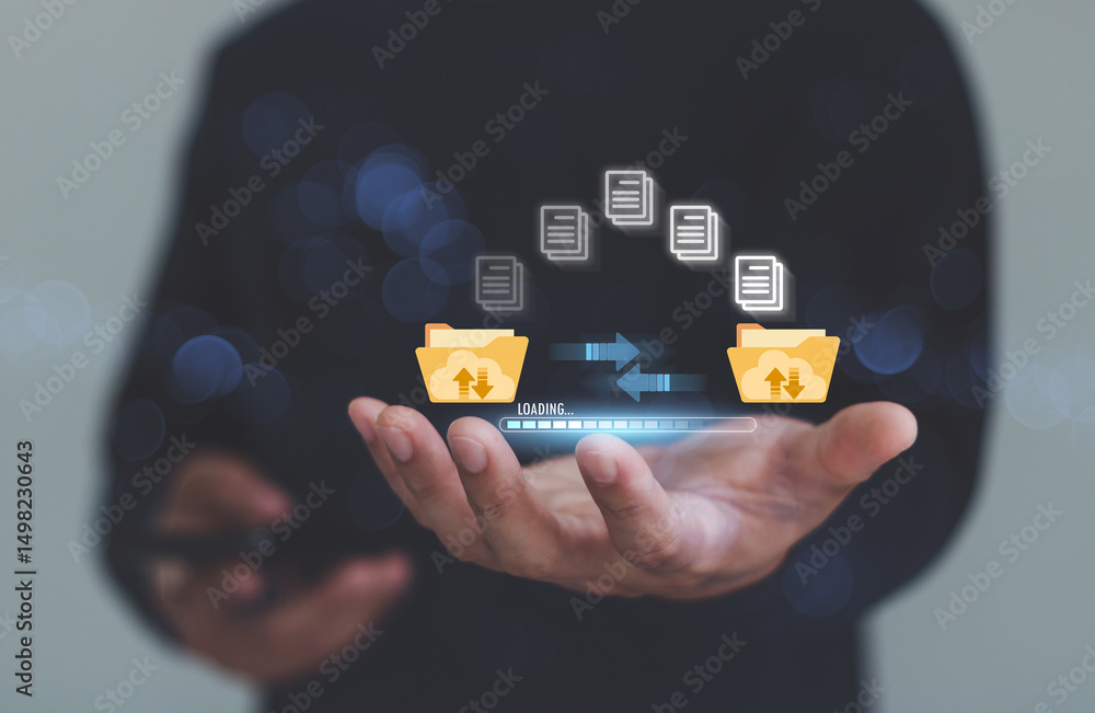 Aufkleber Transfer file business data backup management system with internet cloud computing storage AI technology concept. Person hands open waiting to download document process with loading on virtual screen.