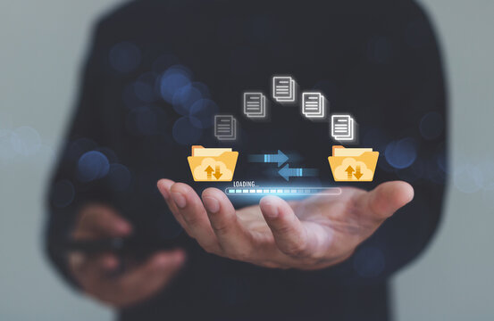 Transfer file business data backup management system with internet cloud computing storage AI technology concept. Person hands open waiting to download document process with loading on virtual screen.