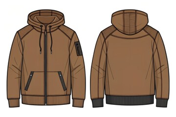 Mens brown hooded zip-up jacket fashion flat sketch