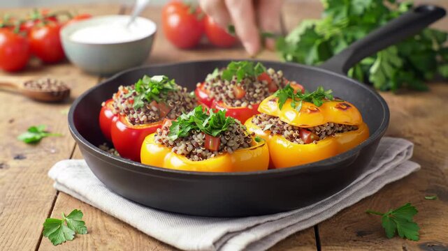 Deliciously stuffed bell peppers with quinoa and fresh herbs prepared in a rustic kitchen setting