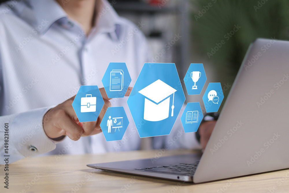 Poster e-learning and online education concept. online training programs and personalized learning. busines