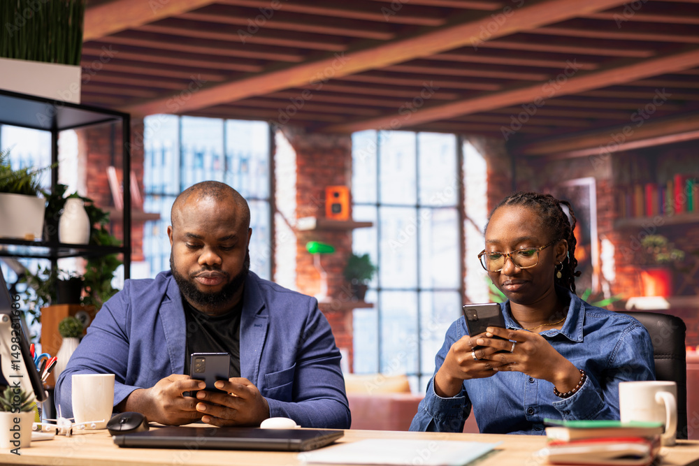 Poster young adults verifying their email inbox before solving daily work tasks, enjoying remote job and na