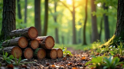 Serene woodland path with neatly stacked logs bathed in golden sunlight, showcasing nature's tranquility and the beauty of a forest trail.
