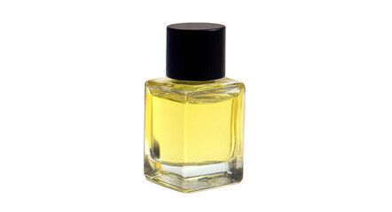 a simple glass perfume bottle with a black cap, containing a yellow liquid, png, transparent