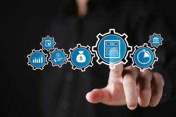 Tax and Vat concept, tax payment, government, state taxes, financial research, report and calculation tax return. TAX icons on virtual screen.