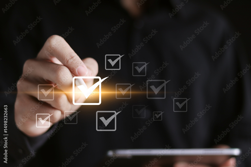 Poster checklist concept, checklist with checkmarks and online quality assessment. businessman checking mar