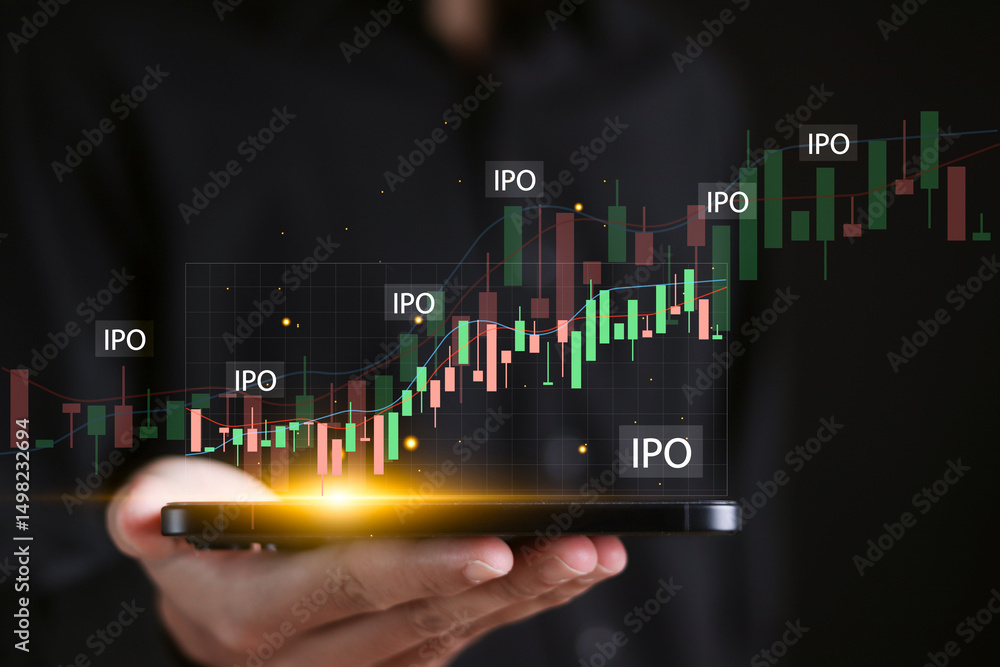 Poster ipo, initial public offering concept. businessman using smartphone with virtual ipo word with stock 
