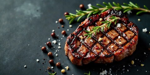 A savory grilled steak, seasoned with aromatic herbs and coarse salt, rests on a dark surface, accompanied by peppercorns and sprigs of rosemary.