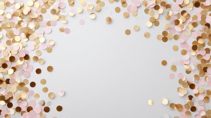 Elegant edges in soft gold and blush confetti surround a pristine white center, designed for sophisticated announcement cards