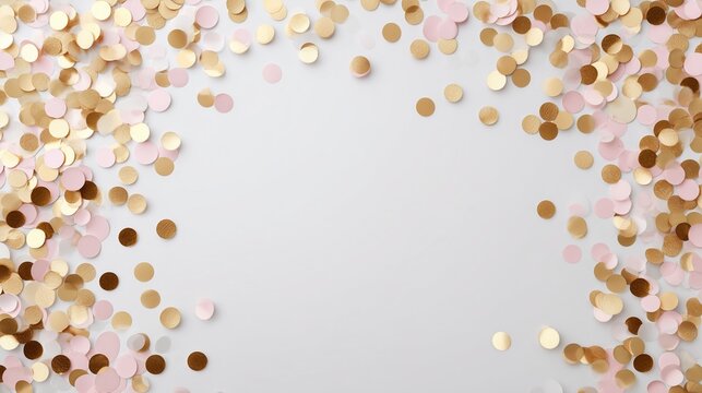 Elegant edges in soft gold and blush confetti surround a pristine white center, designed for sophisticated announcement cards