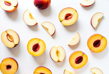A group of sliced peaches on a white surface.