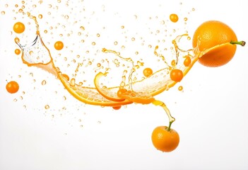 A group of oranges falling into the water.