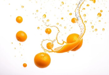 A group of oranges falling into the water.
