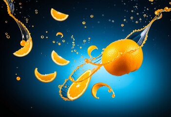 A group of oranges falling into the water.