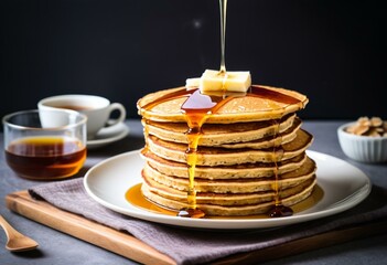 A stack of pancakes on a plate with syrup and butter.