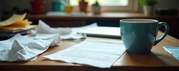 Frustration mounts as a deadline looms, evidenced by crumpled papers, a scattered desk, and a stressed-out empty coffee cup  The feeling of impending failure is palpable ,  struggle,  pressure