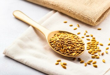 A spoon full of fennel seeds on a napkin.