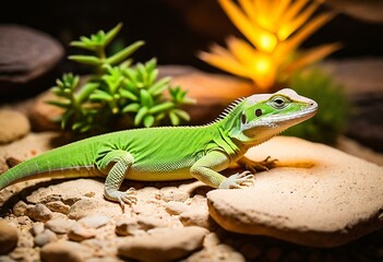 Naklejka premium A green lizard sitting on top of a rock.