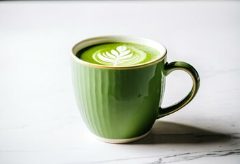 A green cup of matcha latte on a white surface.