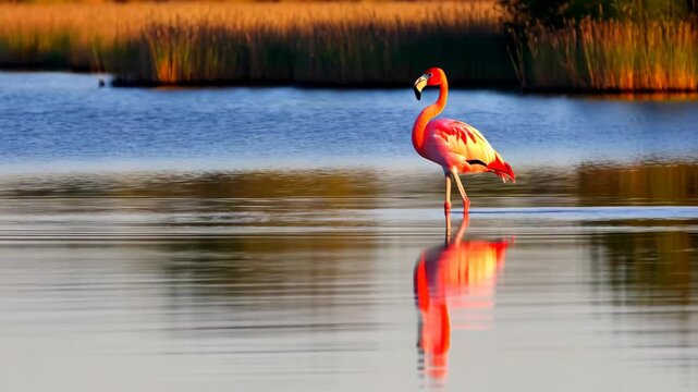 Pink flamingo wading in shallow water at sunset with reflection and reeds in the background, creating a scenic and tranquil nature image.