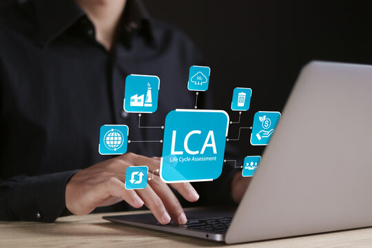 LCA, life cycle assessment analysis environmental for process management product. Businessman using laptop with LCA icons on virtual screen.