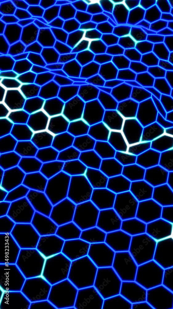 Poster futuristic glowing hexagonal grid pattern with blue electric lines on a dark background