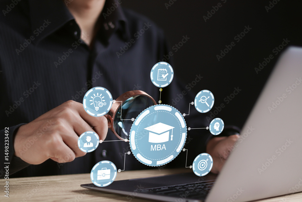Poster mba, master of business administration program concept. businessman using laptop choose mba program,