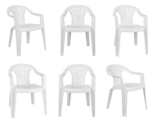 Six white plastic chairs, various angles
