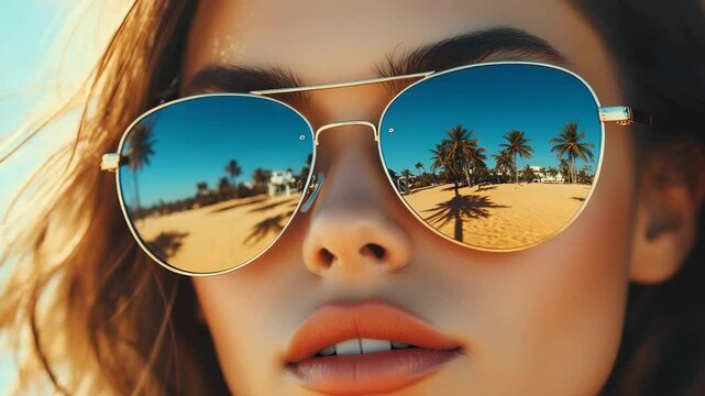 Young woman wearing sunglasses with beach reflection under sunlight  