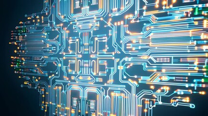 Detailed view of abstract futuristic circuit board design with glowing connections against a dark background for tech or sci-fi concepts.