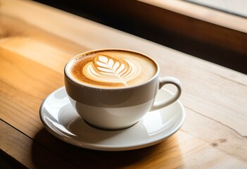 Obraz premium A cup of coffee sitting on top of a wooden table.