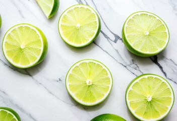 A couple of limes sitting on top of a marble counter.