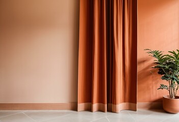 A room with a curtain and a wall in it.