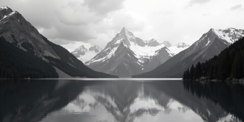 Serene Monochromatic Landscape of Majestic Mountains Mirrored in a Still Lake's Surface