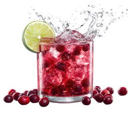 A vibrant red cocktail with splashes and a slice of lime on a white background, png, transparent