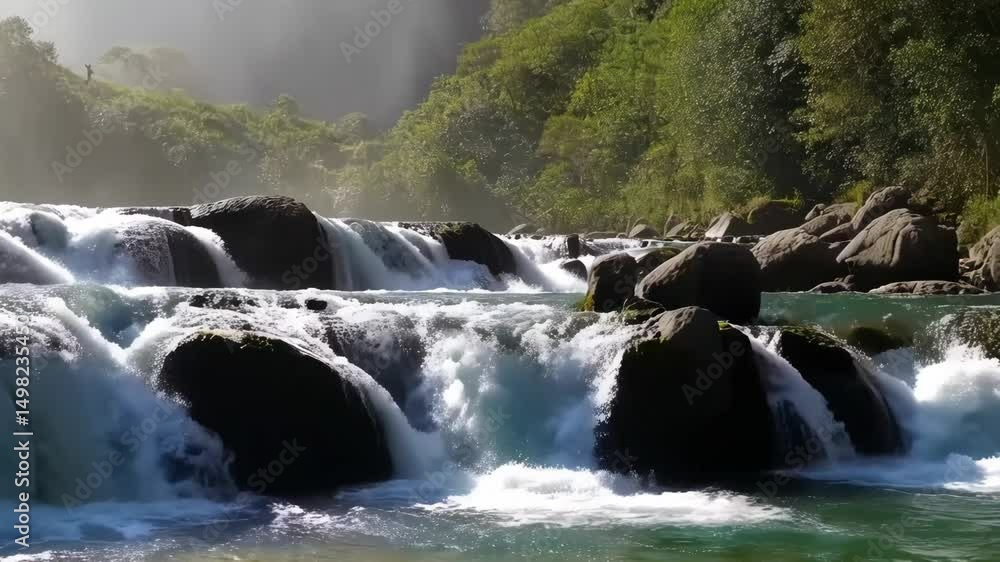 Aufkleber cascading waterfall over rocks surrounded by lush trees in a tropical region with vibrant foliage, c