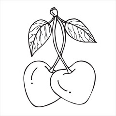 Сherries sketch. Beautiful cartoon black and white outline. Doodle. Hand drawn fruit illustration for greeting cards, posters, recipe, culinary design. Isolated on white background. 