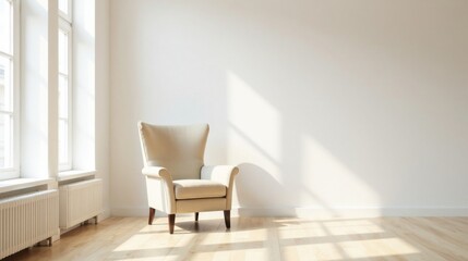 Serene Minimalist Interior Featuring a Comfortable Armchair Basking in Sunlight Streaming Through Large Windows