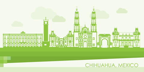 Fototapeta premium Green Skyline panorama of city of Chihuahua, Mexico - vector illustration